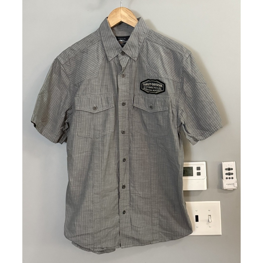 Harley Davidson Shirt Milwaukee Patch Service Pin Striped Button Up Medium